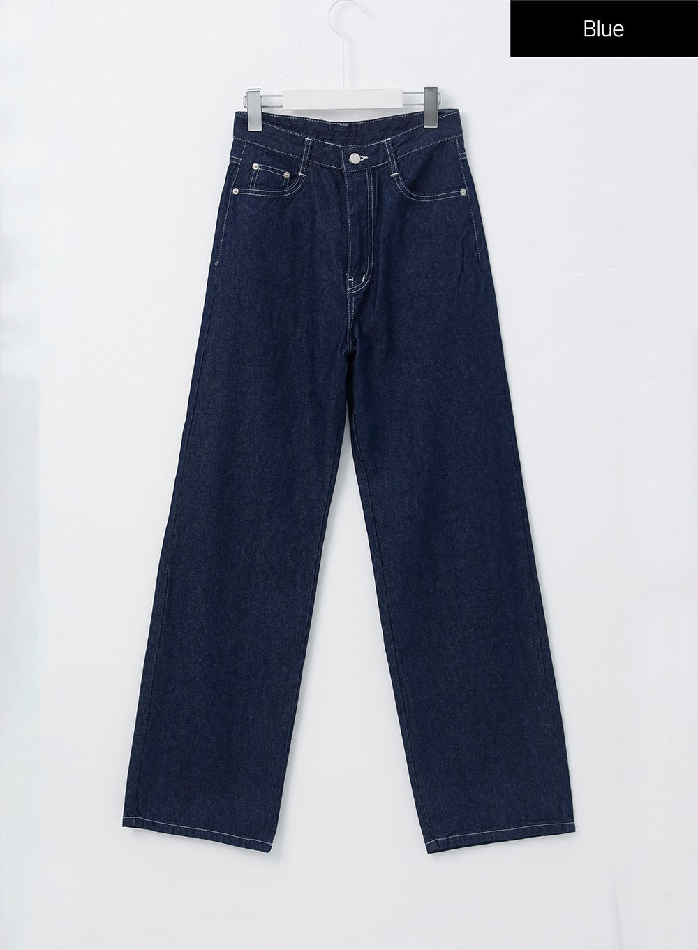 Stitched Jeans OO305 in Blue, flat front hanger shot, dark indigo wide-leg cotton denim, contrast white stitching at pockets and seams, silver-tone hardware.