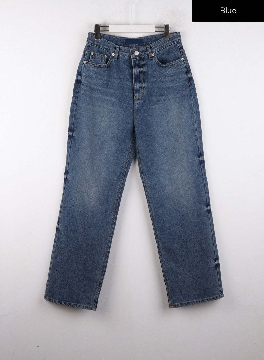Washed Denim Wide Leg Jeans CD308 in blue, flat hanger front shot, five-pocket wide-leg jeans, mid-blue washed denim with light fading and whiskering detail.