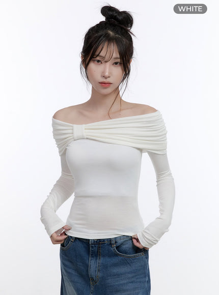 shirred-off-shoulder-solid-t-shirt-co419