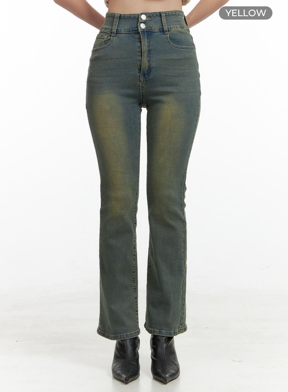 Pamela Belt Bootcut Jeans OG407 in Yellow, front product-style close crop on model, double-button high waist washed cotton denim with yellow-green vintage wash and slim bootcut cut.