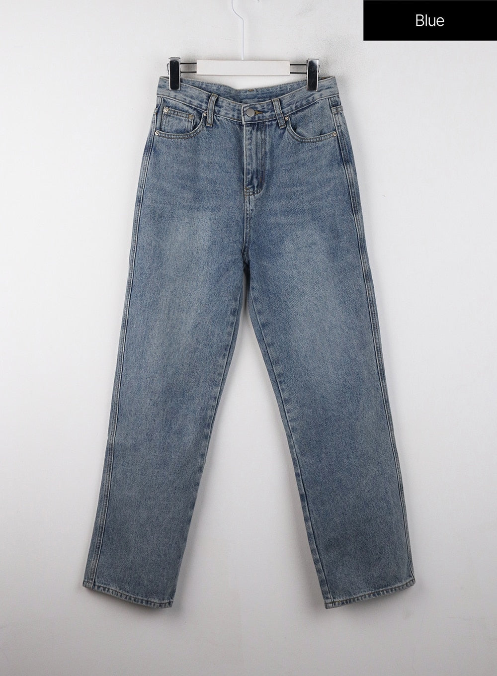 Washed Straight Wide Denim OJ405 in blue, flat front product shot on hanger, high-rise waist, five-pocket straight wide leg with subtle washed fading detail.