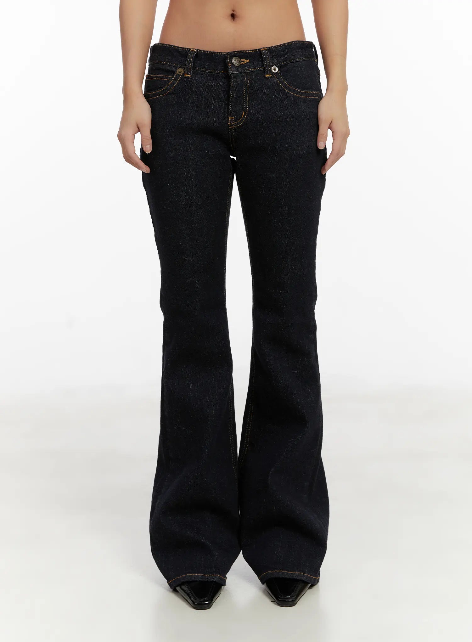 LEWKIN Adalee Non-Fade Low-Rise Flare Jeans CD515 in dark indigo, front product shot on model, low-rise waistband with gold contrast stitching, flare hem, cotton-spandex blend.