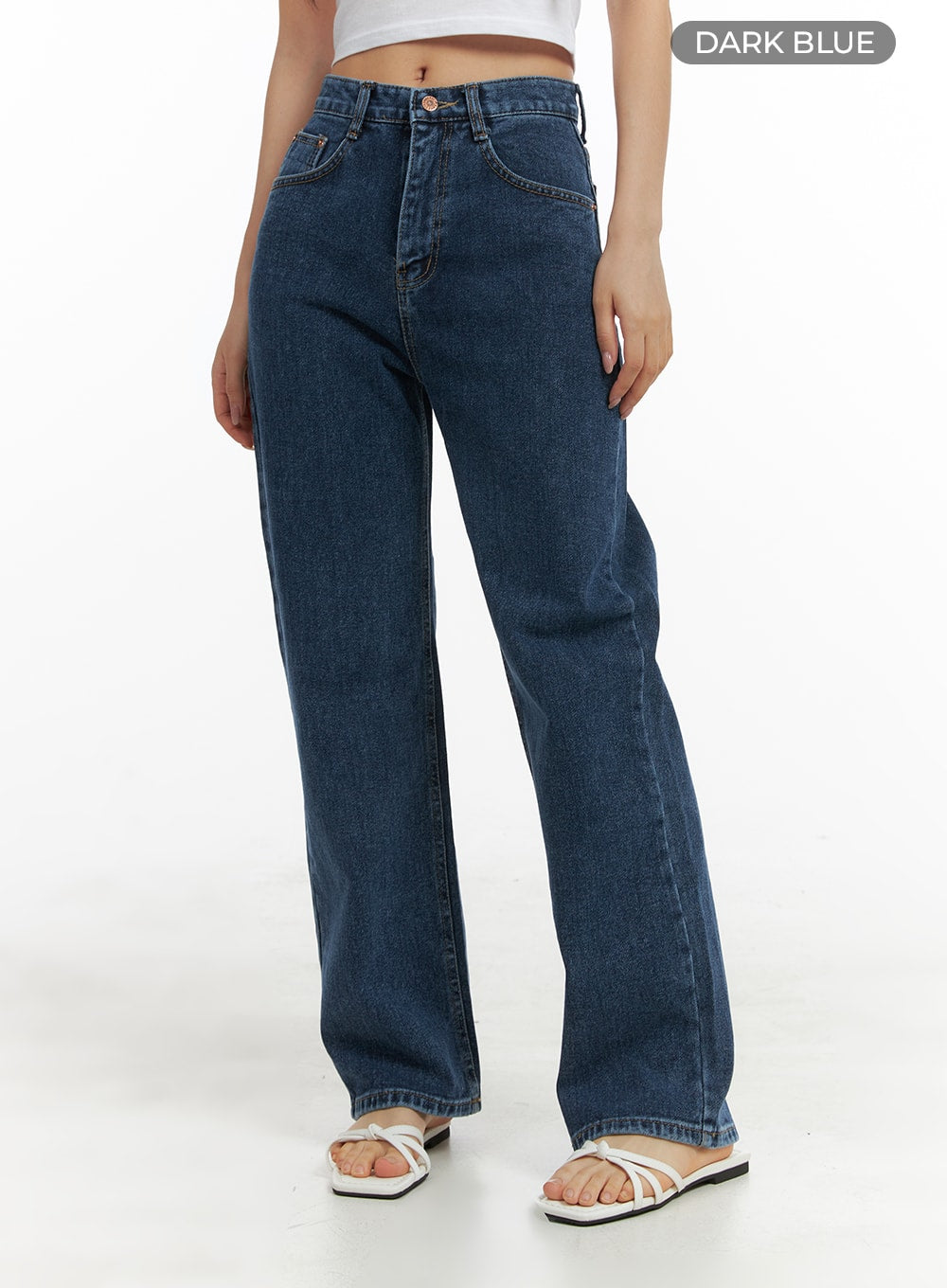 Recycled Straight Fit Jeans OM428 in dark blue, front cropped shot on model from waist to ankle, washed denim texture and straight fit silhouette visible, styled with strappy sandals.