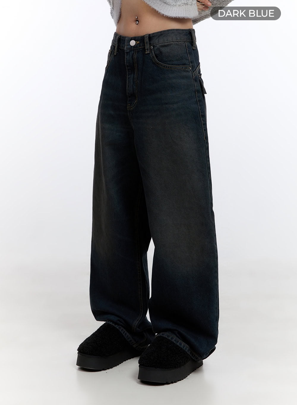 Lyla Wide Leg Jeans CO423 in dark blue, side angle color-swatch shot on model, washed baggy cotton denim with 5-pocket front and dark indigo fade, label reads Dark Blue.