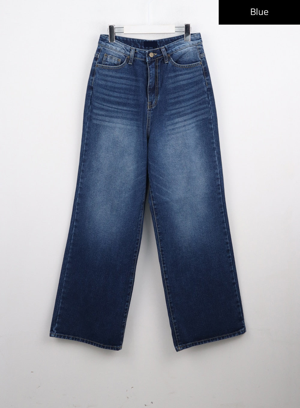 Washed Blue Wide Jeans CN301 in blue, flat front hanger shot, displaying full-length wide-leg silhouette, mid-rise waistband, five-pocket layout, and washed gradient cotton denim.