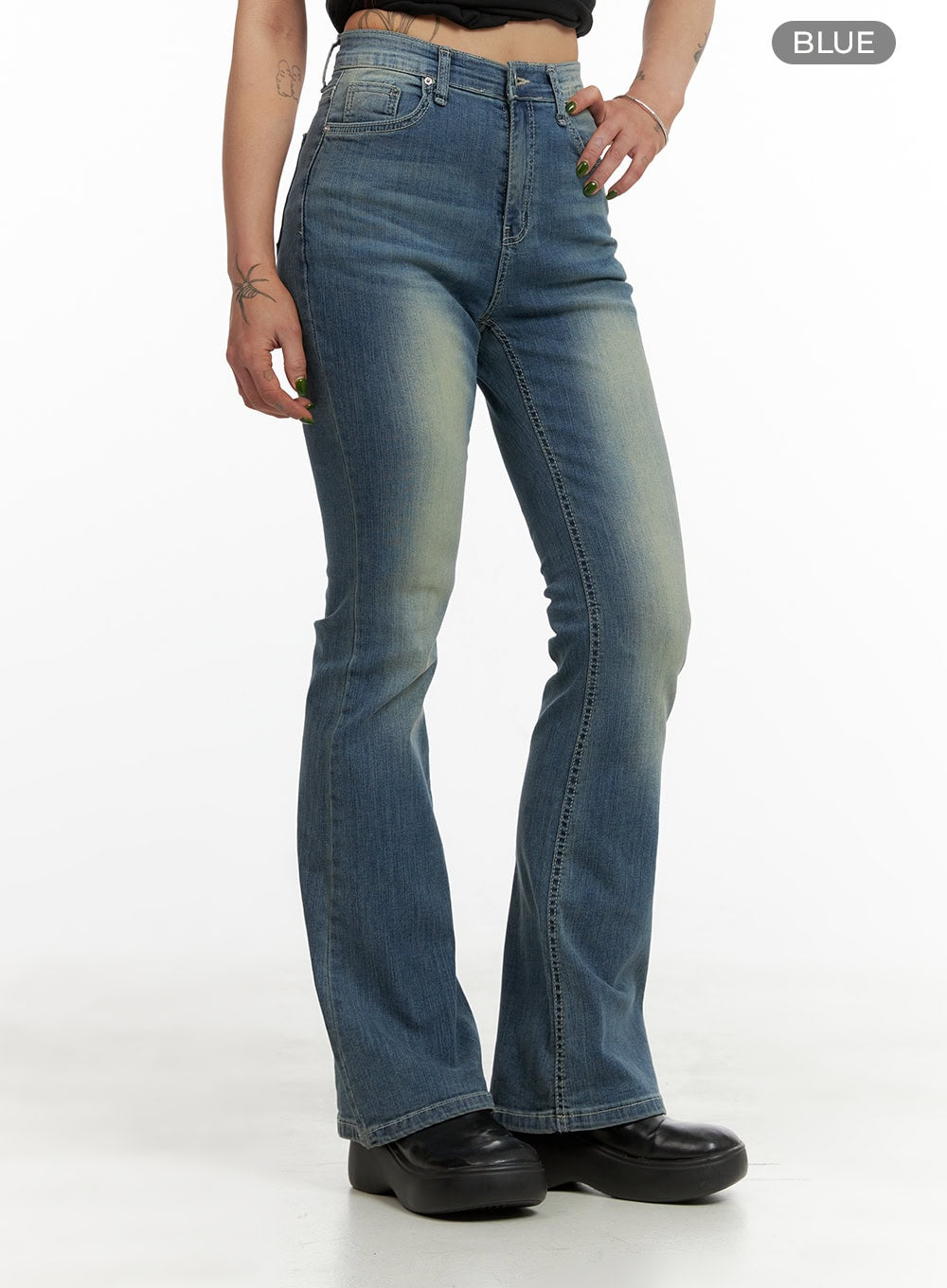 Washed Slim Bootcut Jeans CY429 in blue, side view on model, high-rise waist with front pockets, washed tint detail, slim-to-flare bootcut leg line.