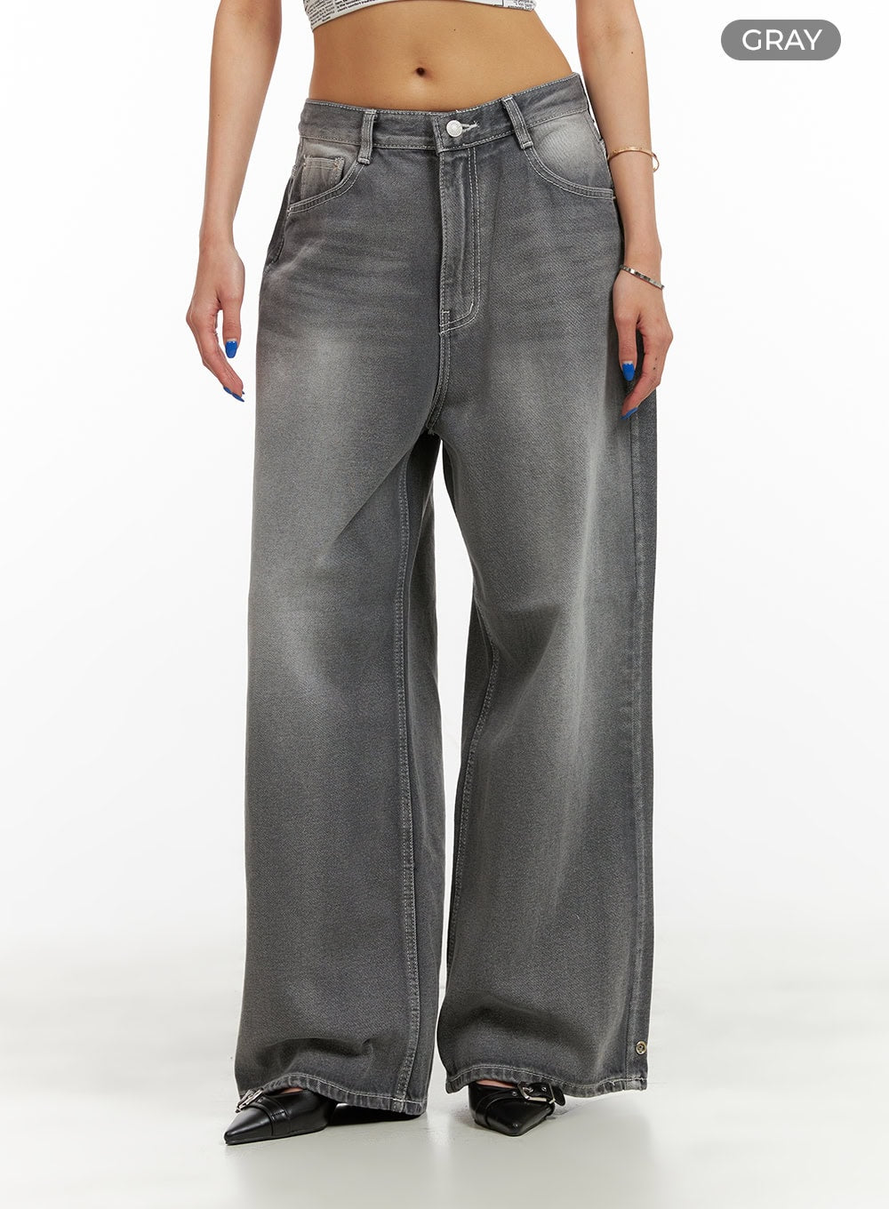Low Rise Baggy Jeans CY431 in gray, front waist-to-hem view on model, washed denim with button fly and wide baggy leg, color swatch labeled GRAY.