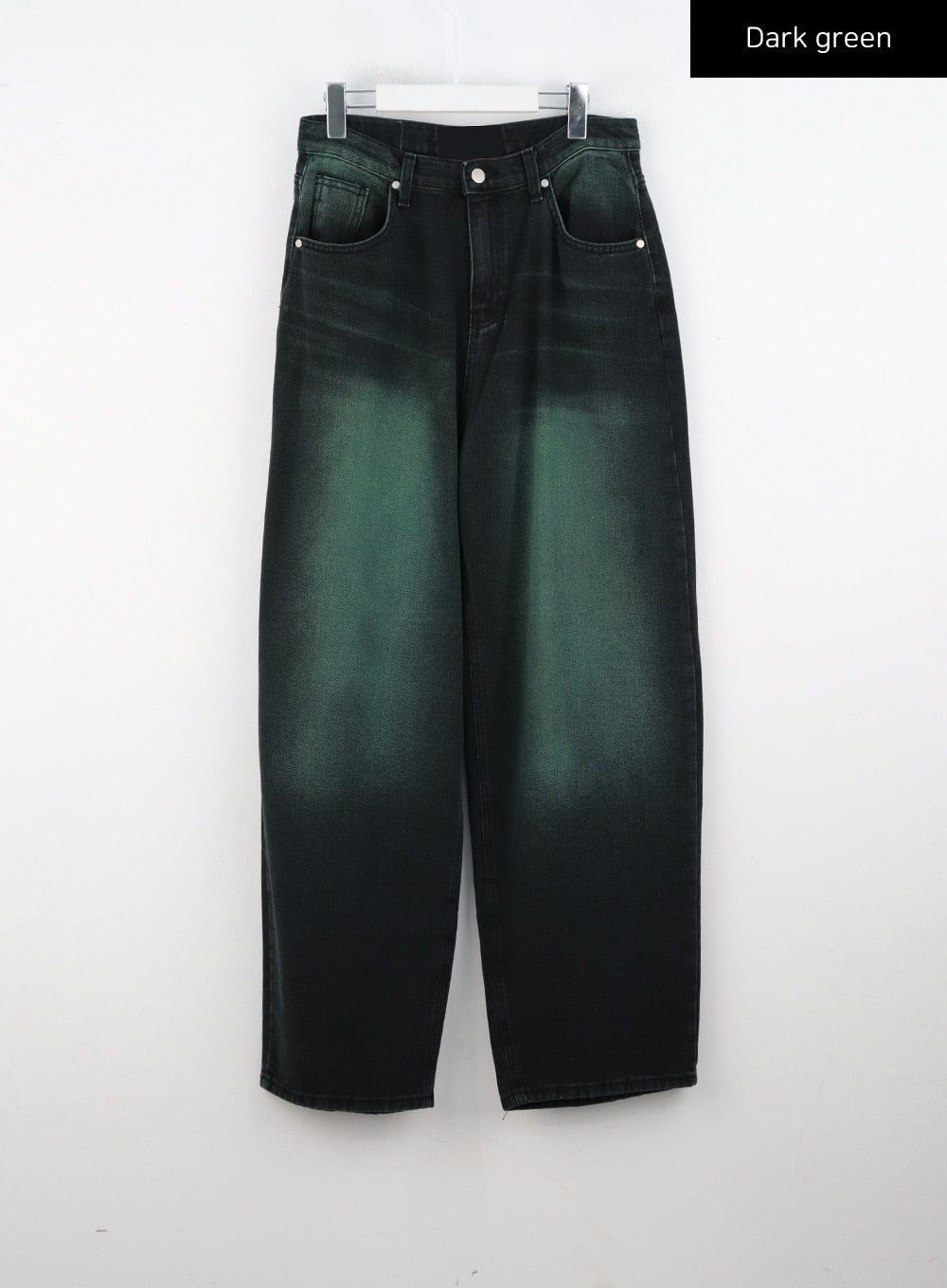 Comfy Wide Leg Color Jeans CS305 in dark green, flat product-only hanger shot, five-pocket wide-fit cotton denim showing full gradient green-black wash and silhouette from waist to hem.
