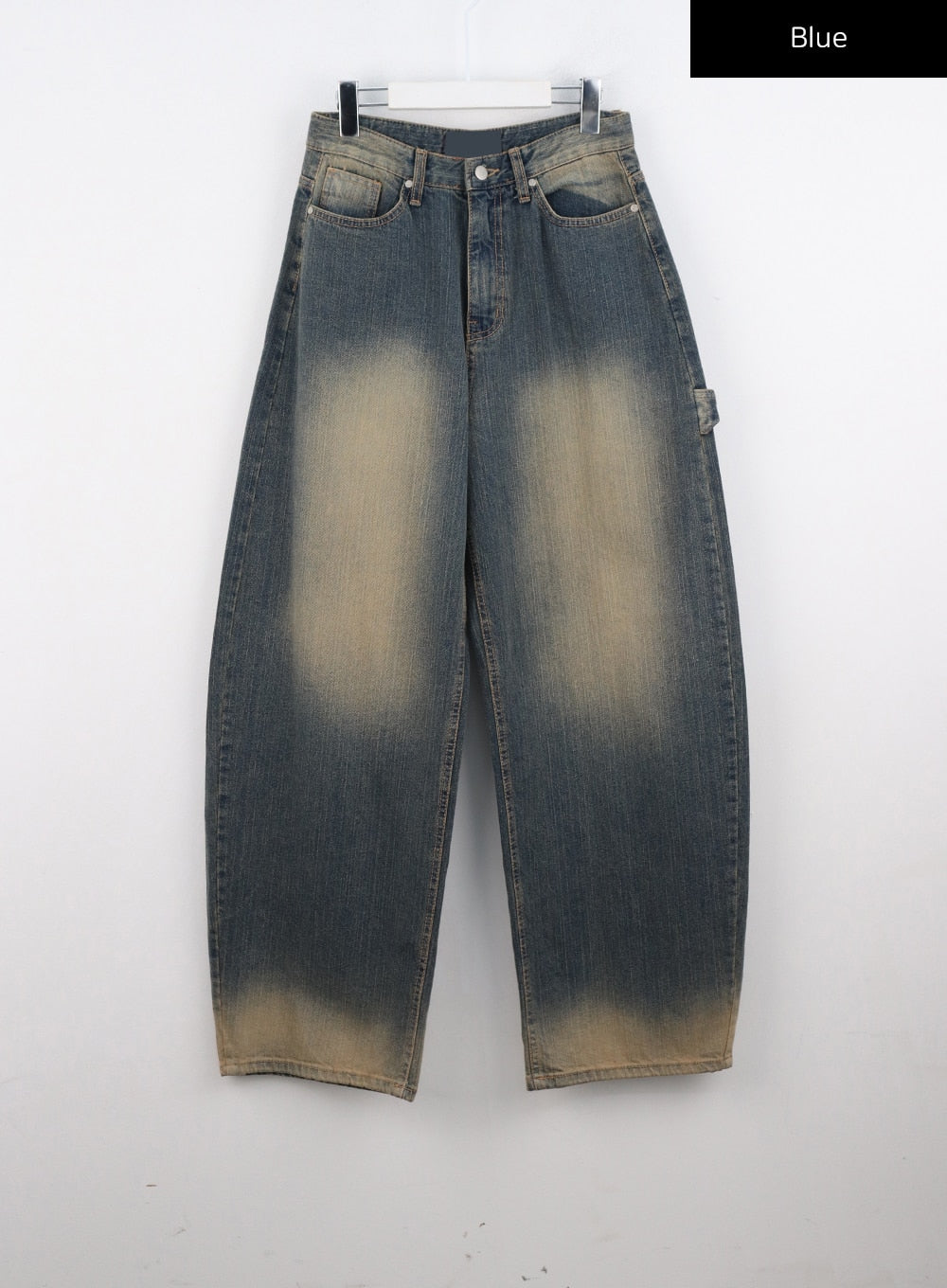 Vintage Wash Wide Leg Jeans CO306 in blue, flat hanger shot, full-length front view, wide-leg cotton denim, dual yellow sun-fade panels, five-pocket design with carpenter detail.