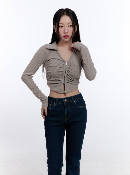 shirred-zip-up-long-sleeve-collared-top-cj509