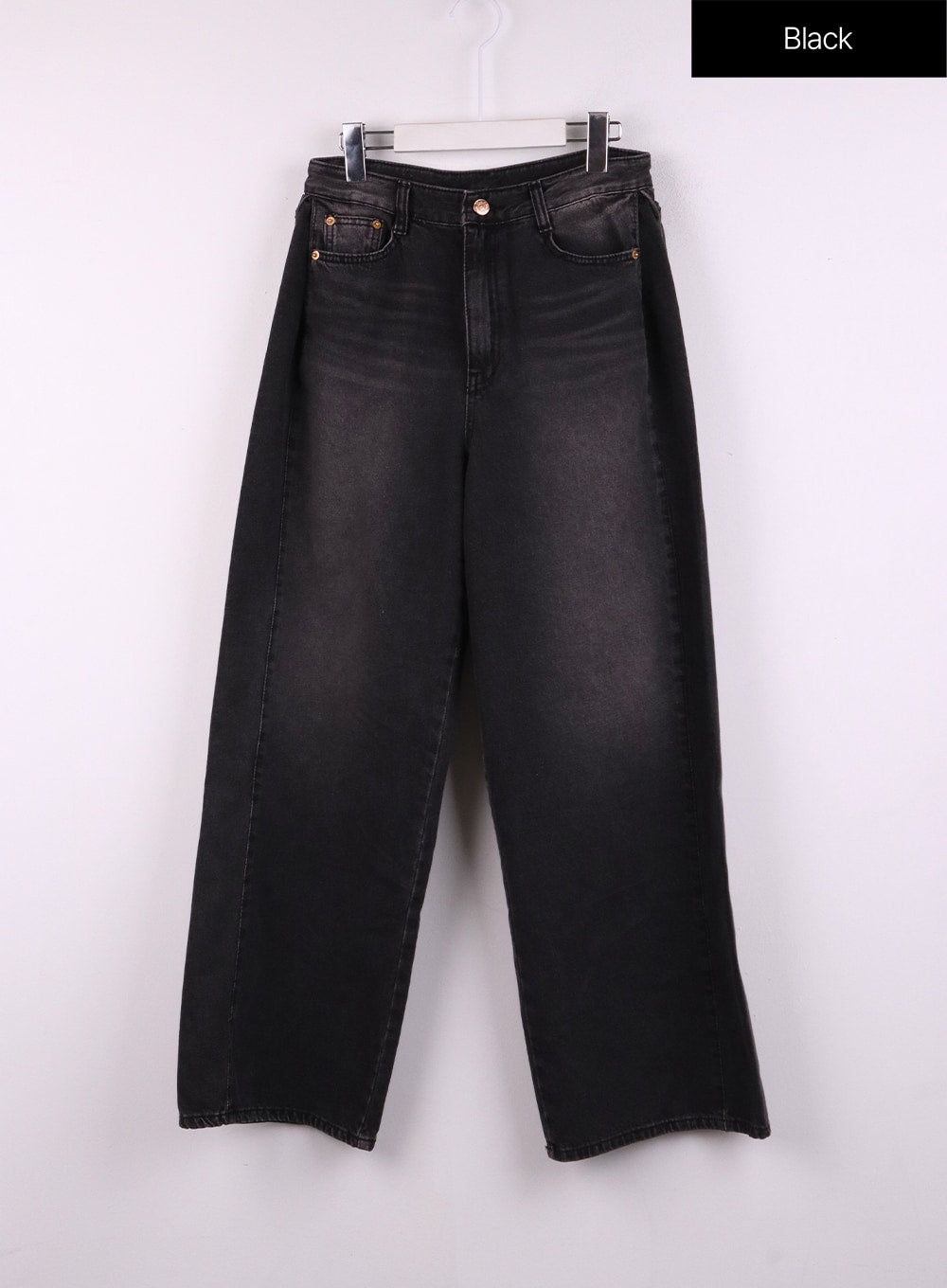 Washed Denim Wide-Leg Jeans CJ426 in black, flat hanger front shot, wide-leg cotton denim with washed finish, high waist with button closure and five-pocket styling.