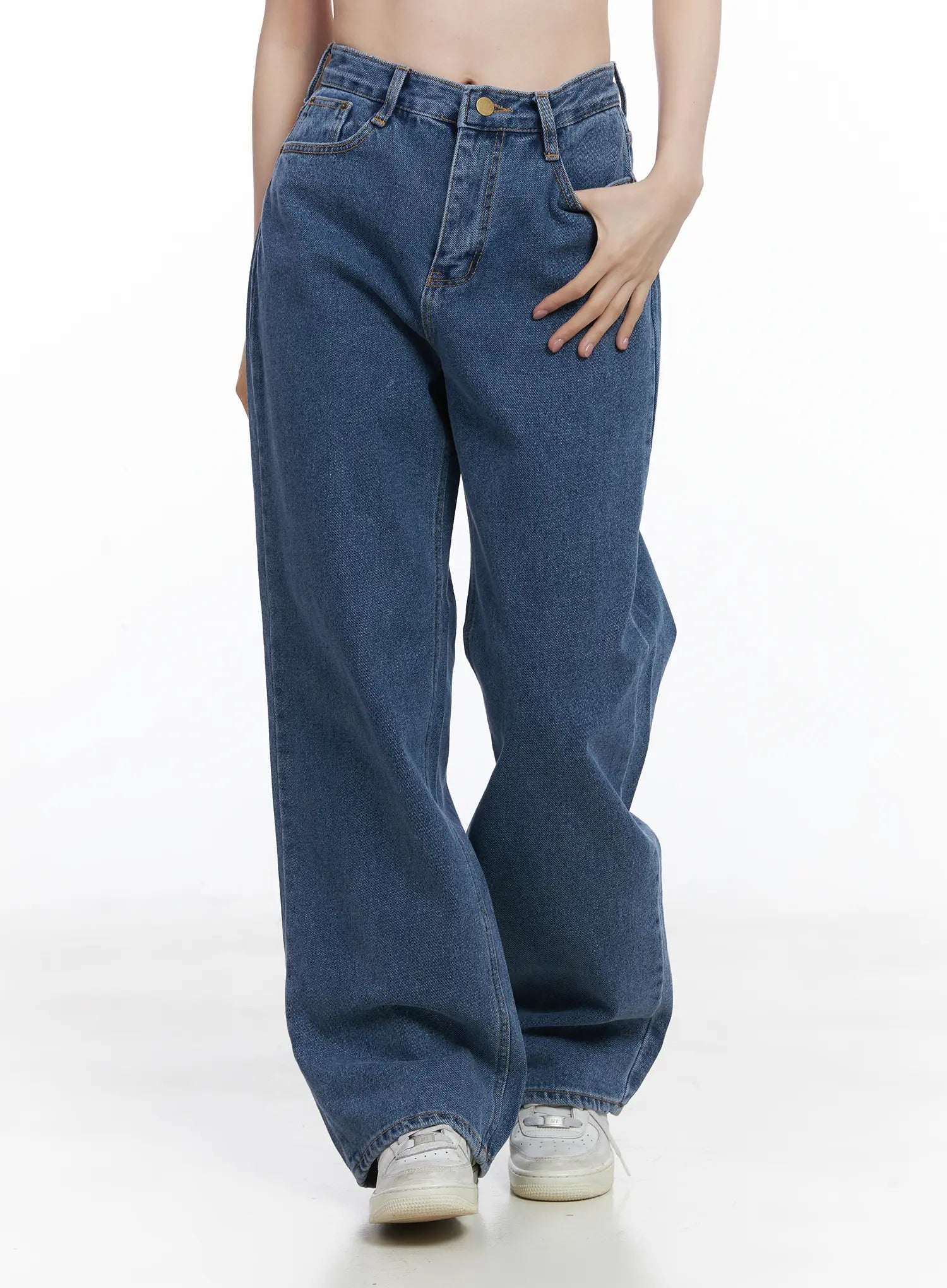 Ashlyn High-Waist Fleece-Lined Wide-Leg Jeans CJ507 in blue, front waist-down close-up on model, highlighting high-waist fit, front coin pocket, gold button hardware, and wide cotton leg.