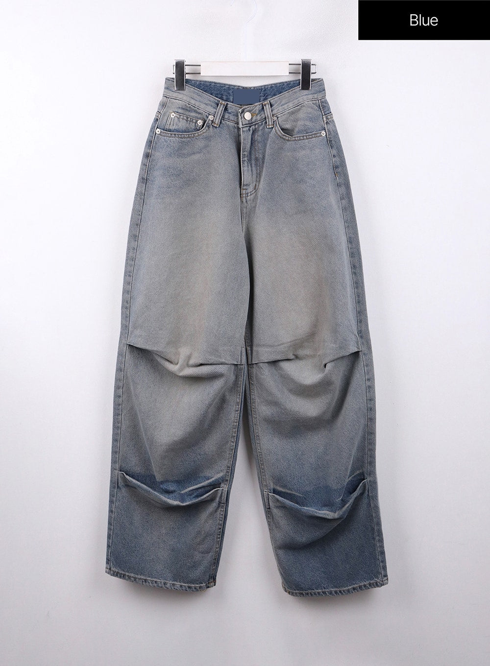 Pintuck Washed Denim Wide-Leg Jeans CJ418 in blue, flat front product shot on hanger, 5-pocket high-waist design with prominent pintuck horizontal seam at knee, gradient grey-to-blue washed denim.