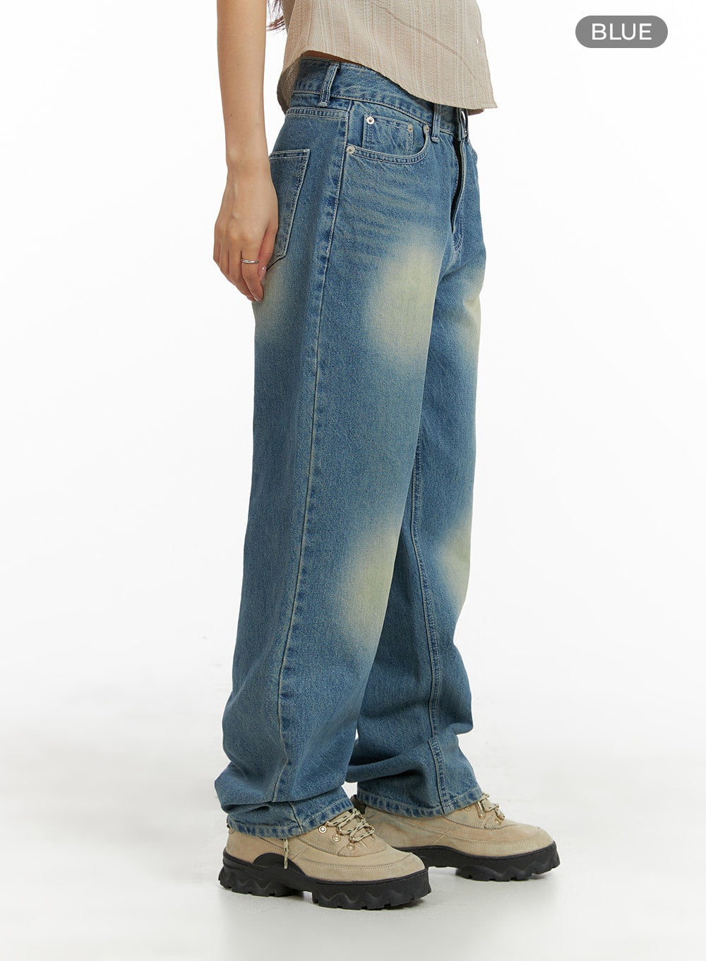 Recycled Washed Jeans (Unisex) CM425 in blue, side view on female model, highlighting straight-leg silhouette, washed fading along side seam, and full inseam length.