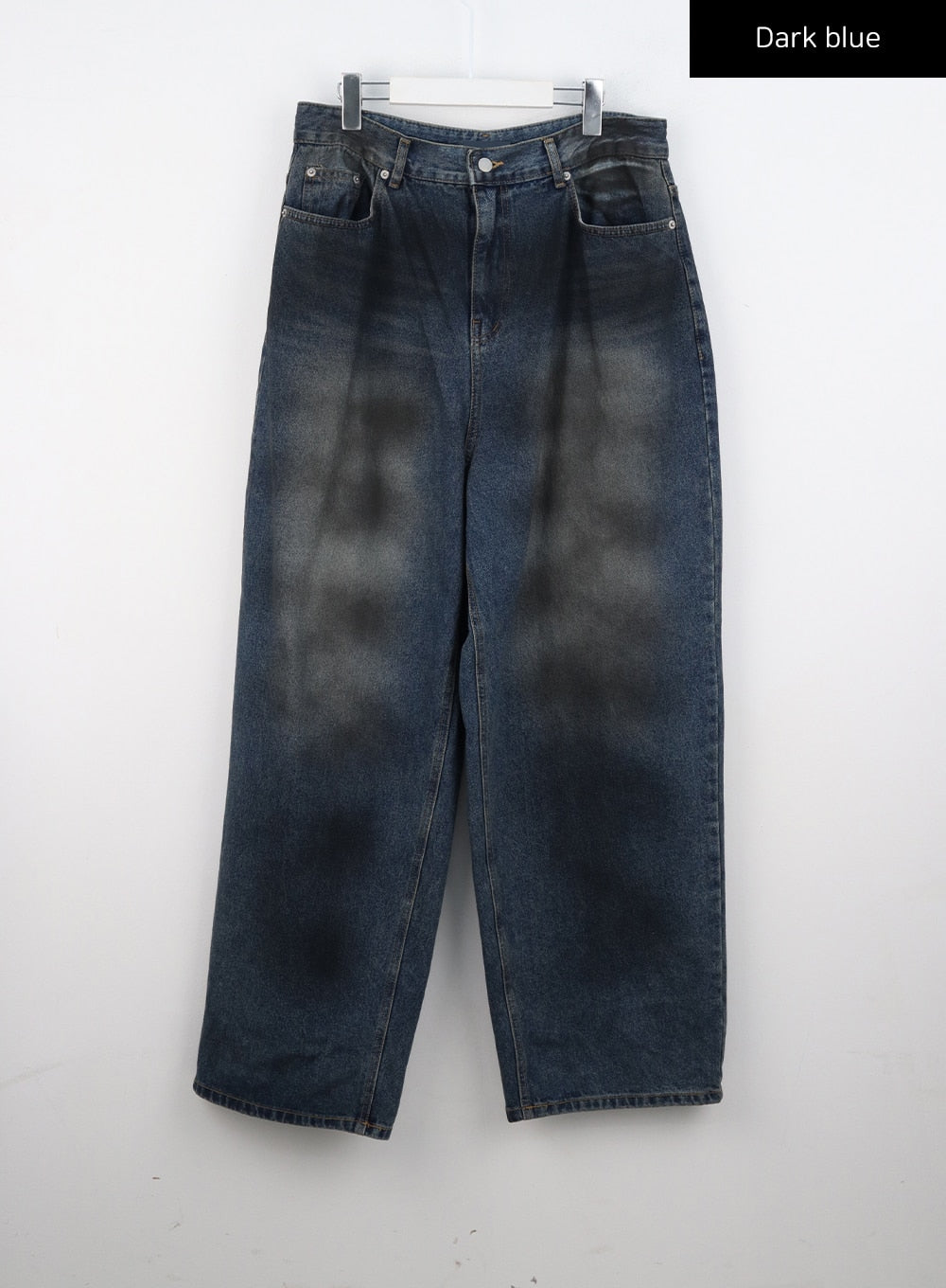 Tie-Dye Washed Wide Leg Jeans CS320 in dark blue, flat hanger product shot, front view showing full tie-dye washed cotton denim, wide leg cut and five-pocket construction.