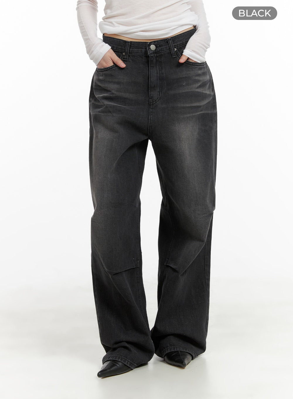 Pintuck Washed Denim Wide Leg Jeans CA419 in black, front full-leg shot on model with hands in pockets, washed black denim with pintuck seams and wide straight hem, color label BLACK.