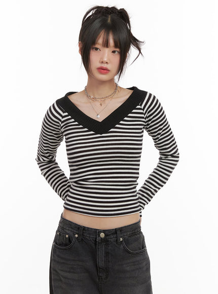 striped-v-neck-cropped-sweater-cj506