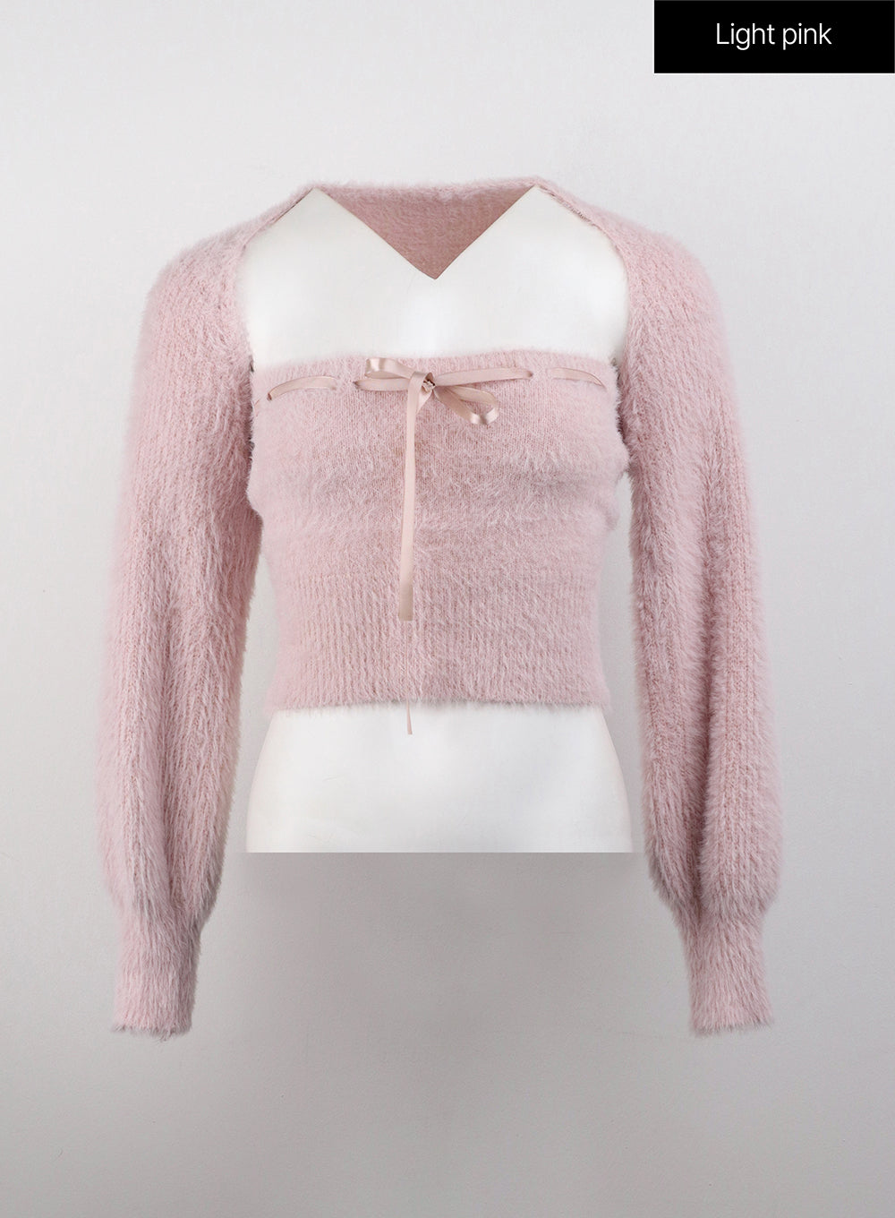 Ribbon Soft Knit Crop Top and Bolero Set CJ408 - Light Pink S/M