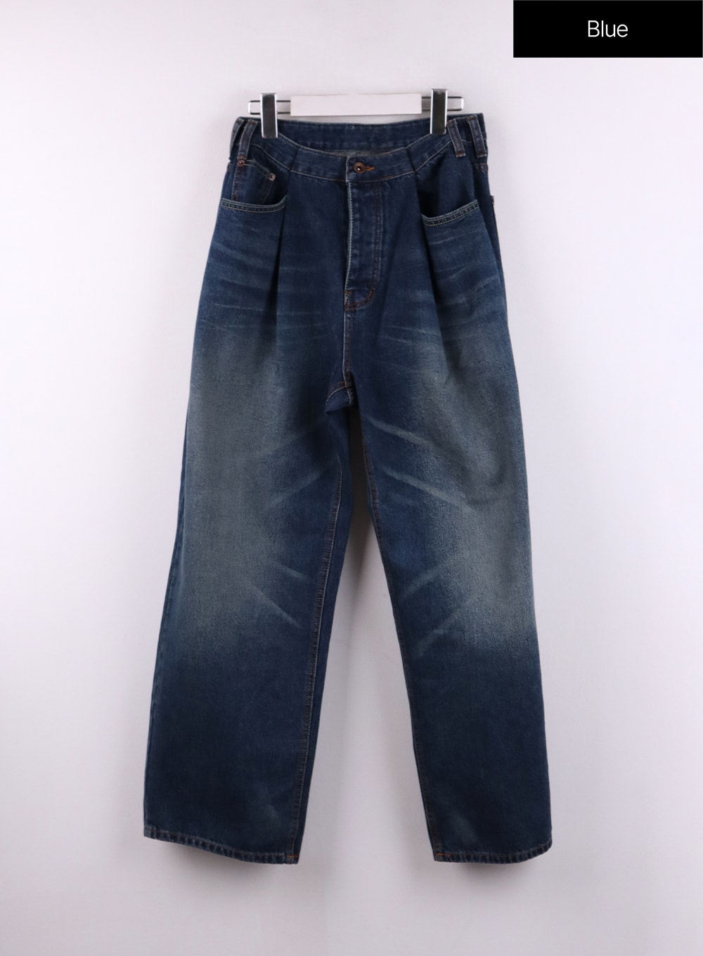Wide Leg Washed Denim Jeans CF407 in blue, flat front product shot on hanger, pleated waistband, wide-leg silhouette, and washed fading across cotton denim clearly visible.