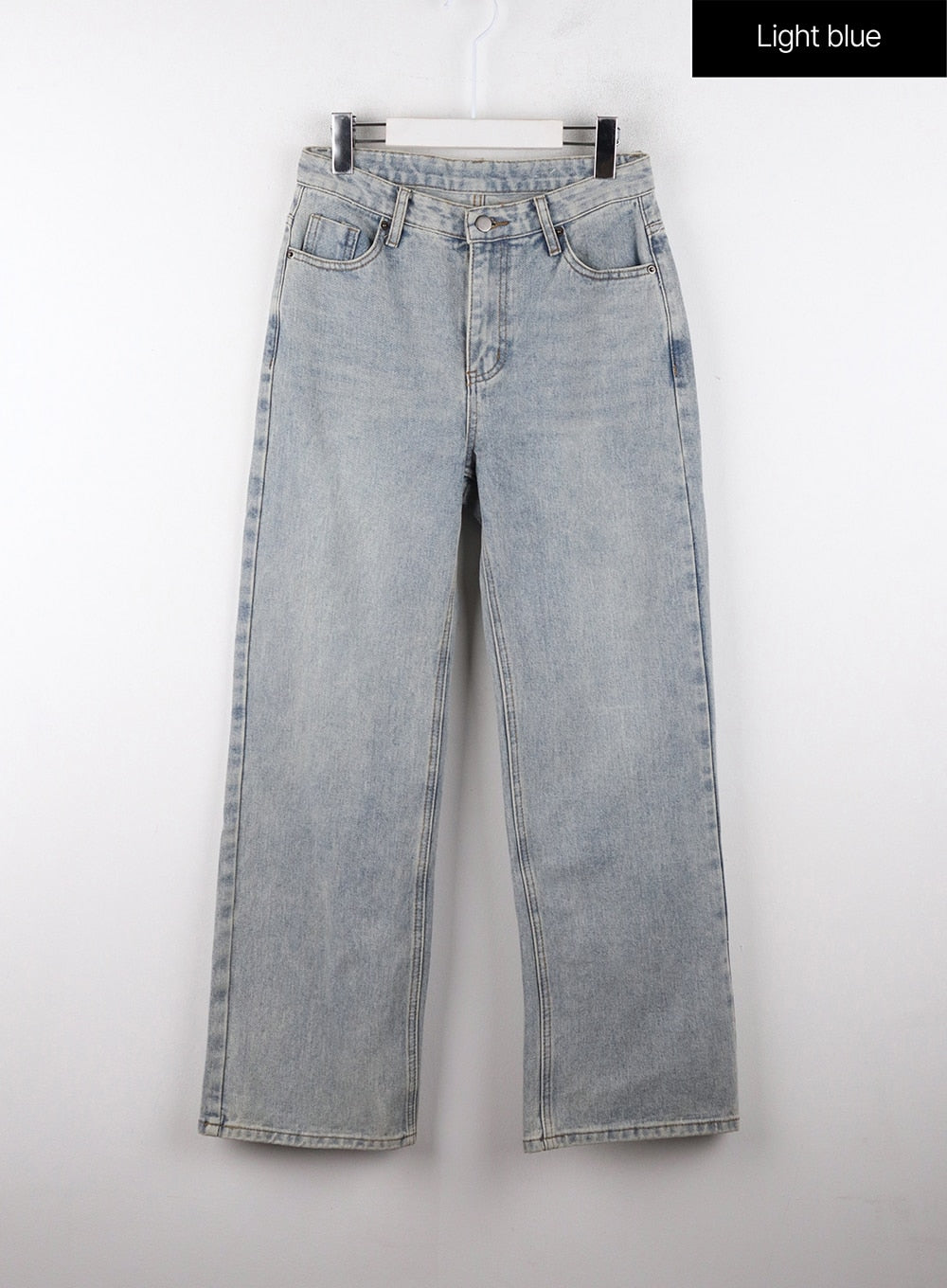 High-Waisted Full-Length Straight Leg Jeans OD320 in light blue, flat front hanger shot, washed cotton-denim straight leg, high-rise waistband with five-pocket construction.