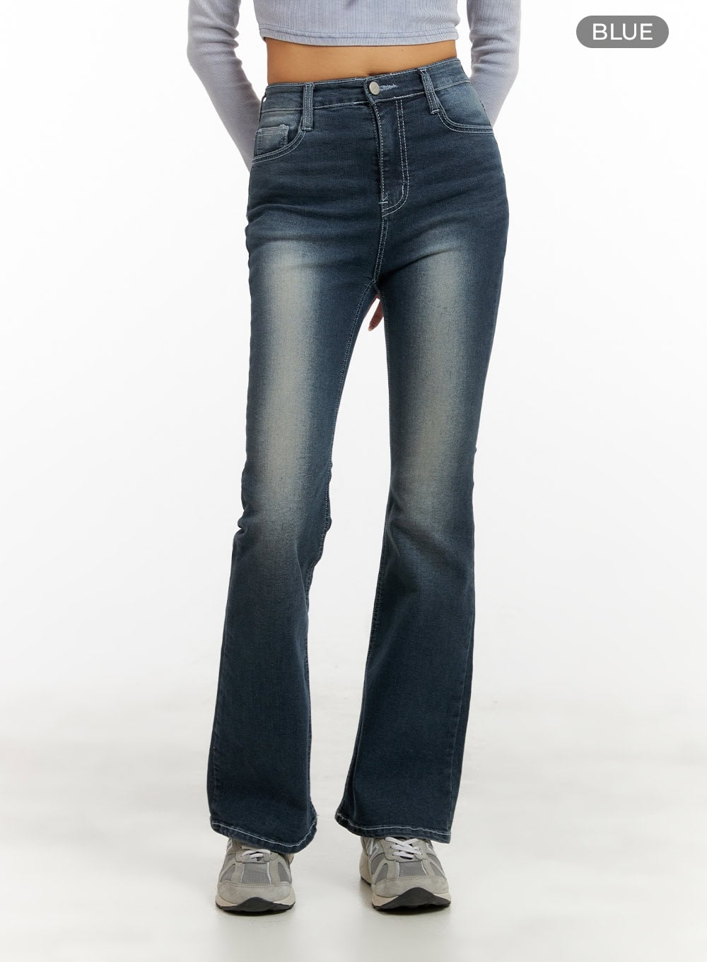 Washed Denim Slim Fit Bootcut Jeans CY402 in blue, front product-focus shot on model from waist down, color swatch labeled Blue, slim fit silhouette with washed indigo denim and bootcut hem.