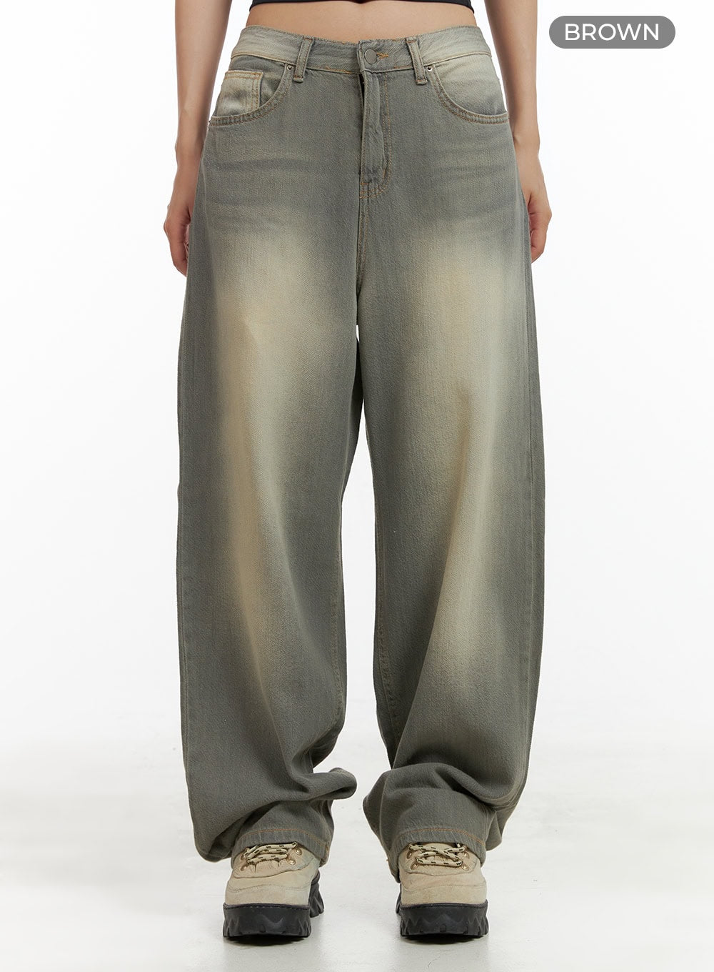 Washed Baggy Denim Jeans CU404 in Brown, front product shot on model, color-label view showing full wide-leg silhouette, sun-faded washed cotton denim, low-rise waistband.