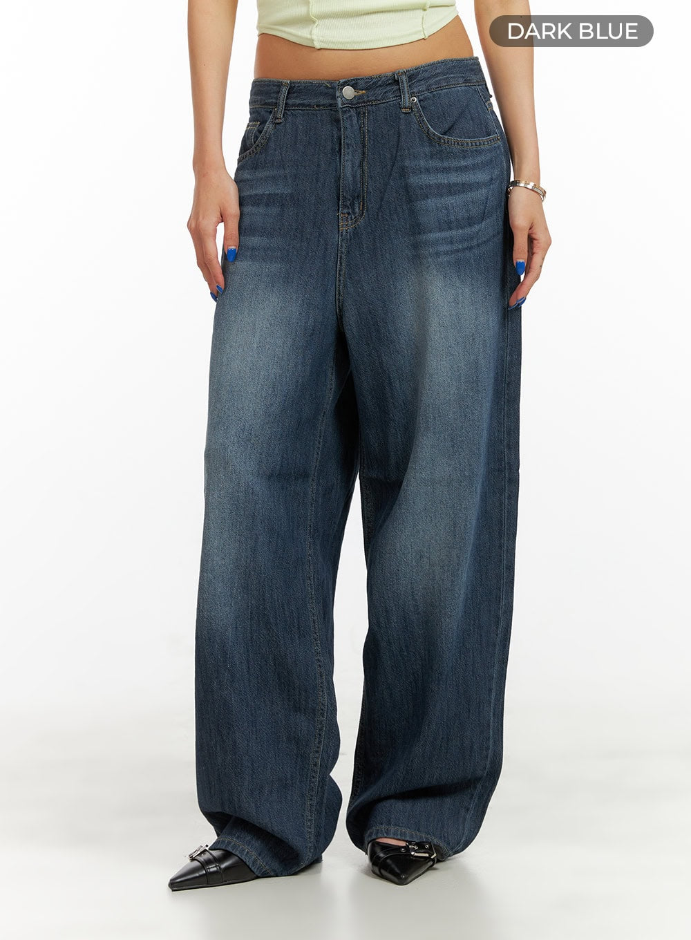 Low Rise Wide Fit Baggy Jeans CY431 in dark blue, front waist-down product-focus shot on model, low rise five-pocket washed denim, wide baggy leg pooling at ankle, color label visible.
