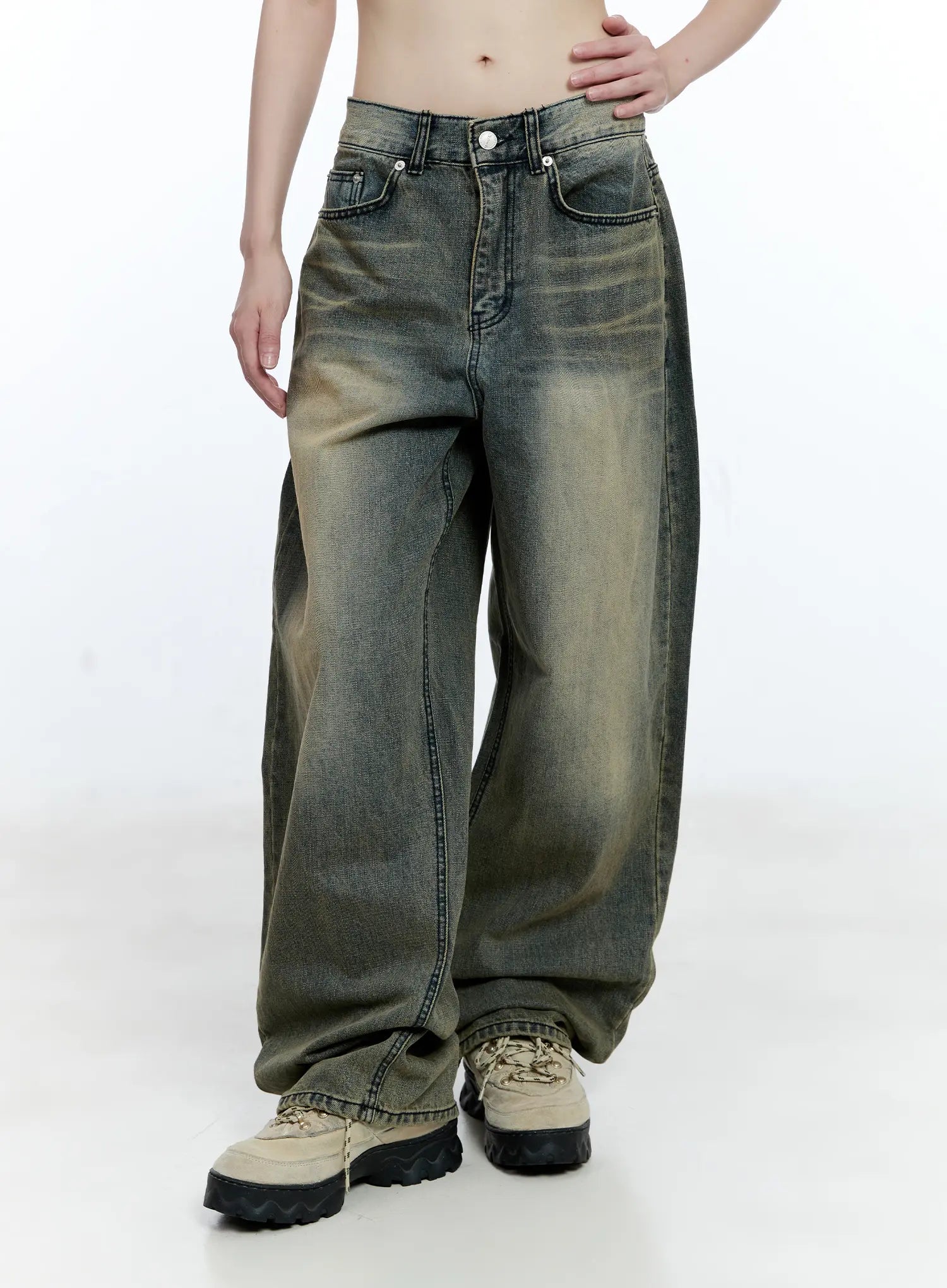Yeonsoo Vintage-Wash Wide-Leg Jeans CG507 in vintage blue, cropped front view on model from waist to ankle, wide-leg cotton denim with yellow-green wash fade and front crease detail.