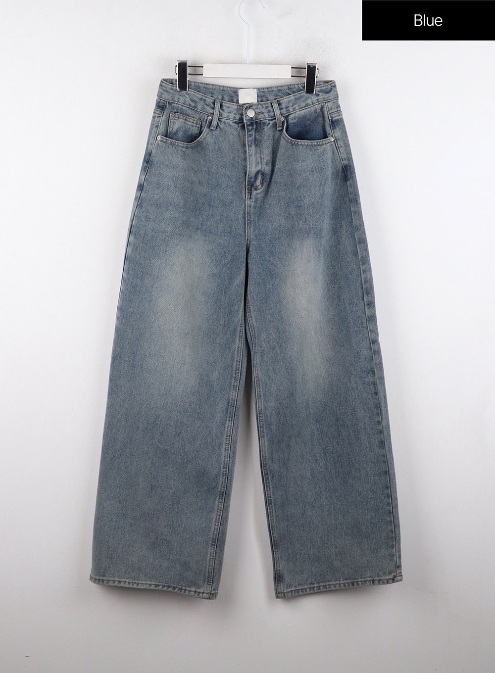 Mid Waist Washed Button Wide Leg Jeans OD320 in blue, flat hanger front product shot, full-length view showing mid-rise waistband, button fly, five-pocket design, and washed denim finish.