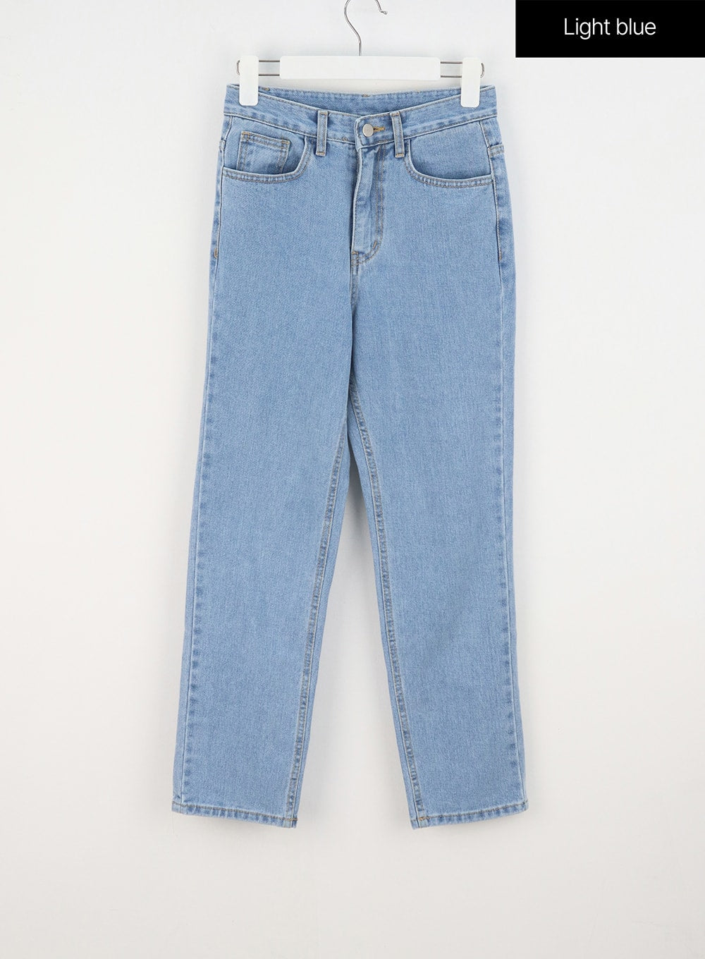 High Waist Jeans OY330 in light blue, flat front hanger shot, straight-fit cotton denim showing high waist band, button closure, front pockets, and clean ankle length hem.