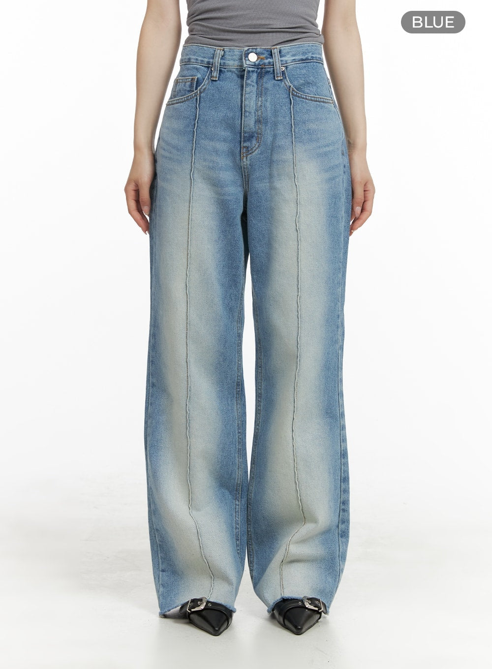 Denim Stitching Wide Fit Straight Jeans CA402 in blue, front full-length on model, color swatch labeled Blue, wide fit high-waist washed denim with vertical stitching seams from waist to raw hem.