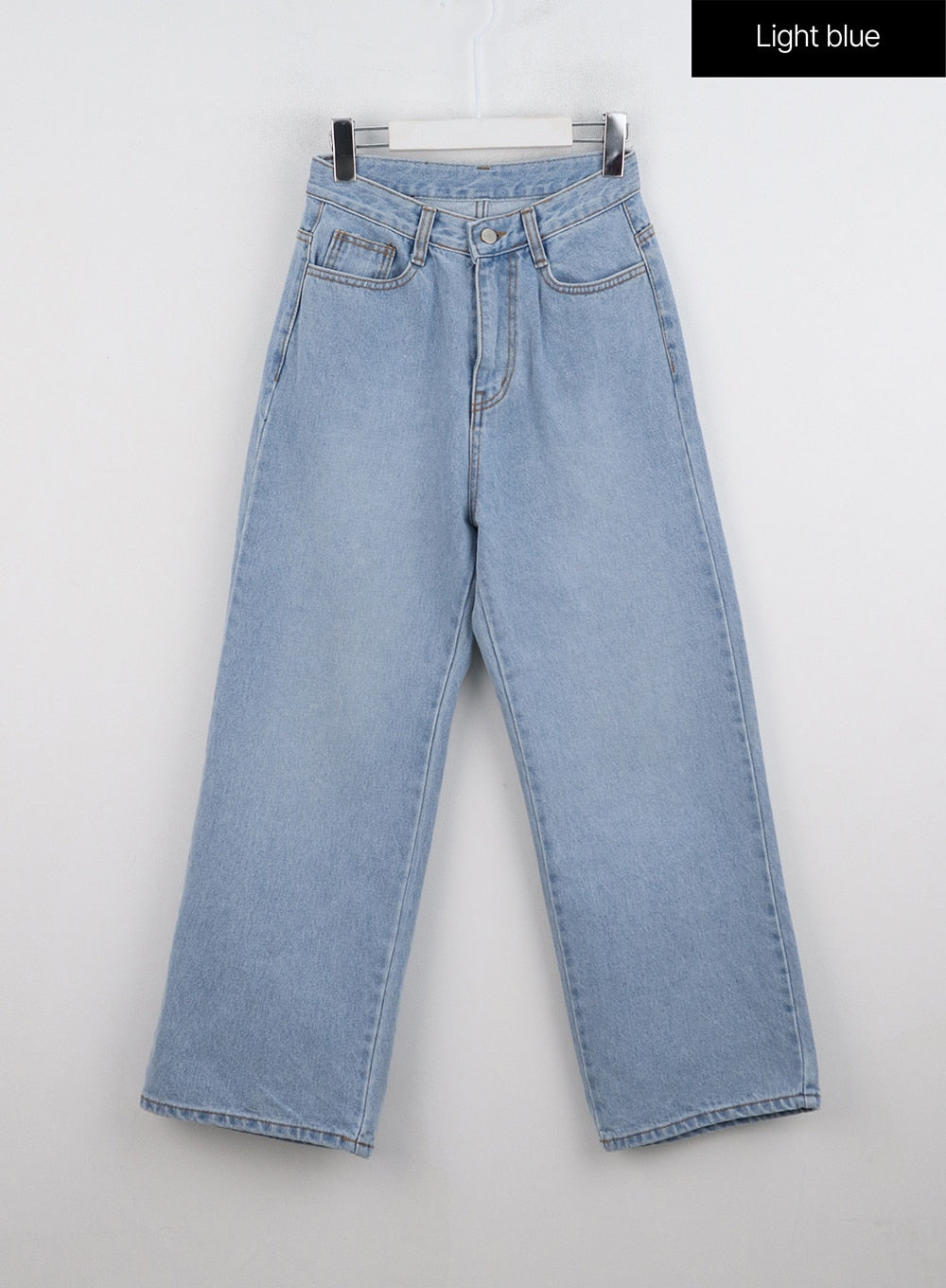 Light Washed Straight Jeans ON329 in light blue, flat hanger front product shot, high-rise waist with button closure, five-pocket straight-fit washed cotton denim.