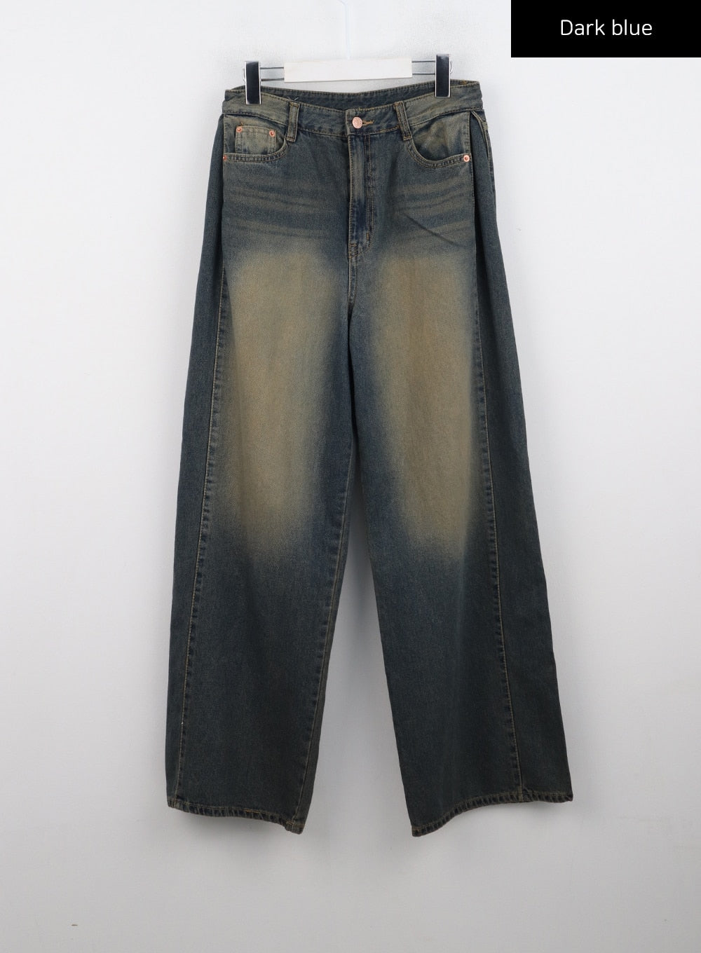 Washed Wide Leg Jeans CN315 in dark blue, flat front product shot on hanger, five-pocket wide-leg cotton denim with vintage yellow sun-faded wash across thighs.