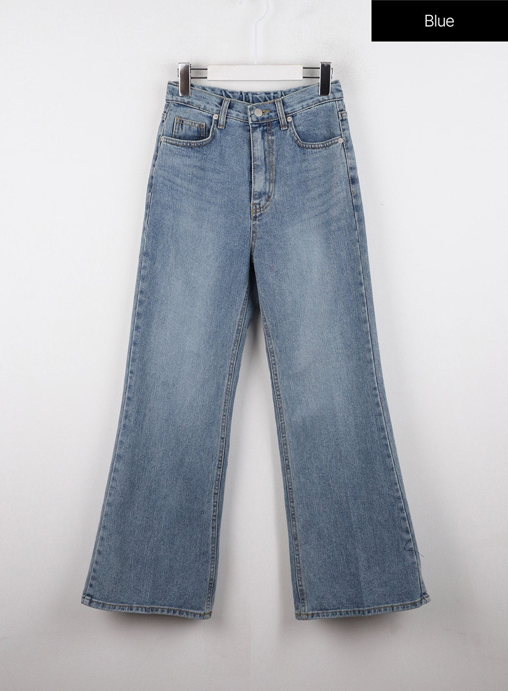 Casual Denim Solid Straight Leg Jeans OD326 in blue, flat front product shot on hanger, high-rise five-pocket washed cotton bootcut silhouette with mild fading and button fly.