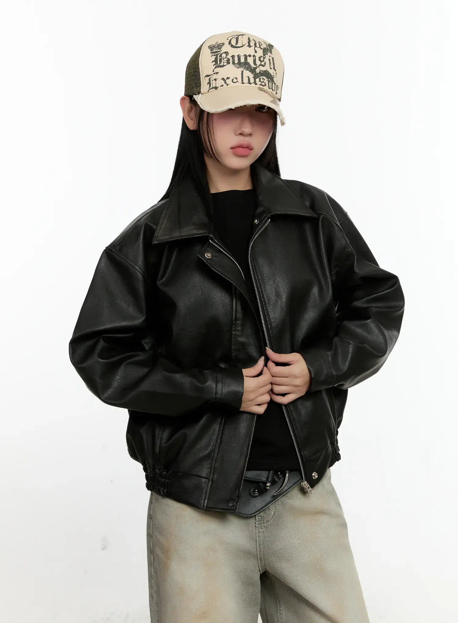 Oversized Faux Leather Collar Jacket CO419 - Acubi style | LEWKIN Oversized Faux Leather Collar Jacket CO419 - Acubi style | LEWKIN