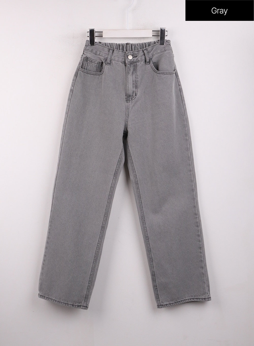 Low-Rise Straight Leg Jeans OJ426 in gray, flat front hanger shot, wide-fit straight leg washed cotton denim with banded waist, front pockets and center seam visible.