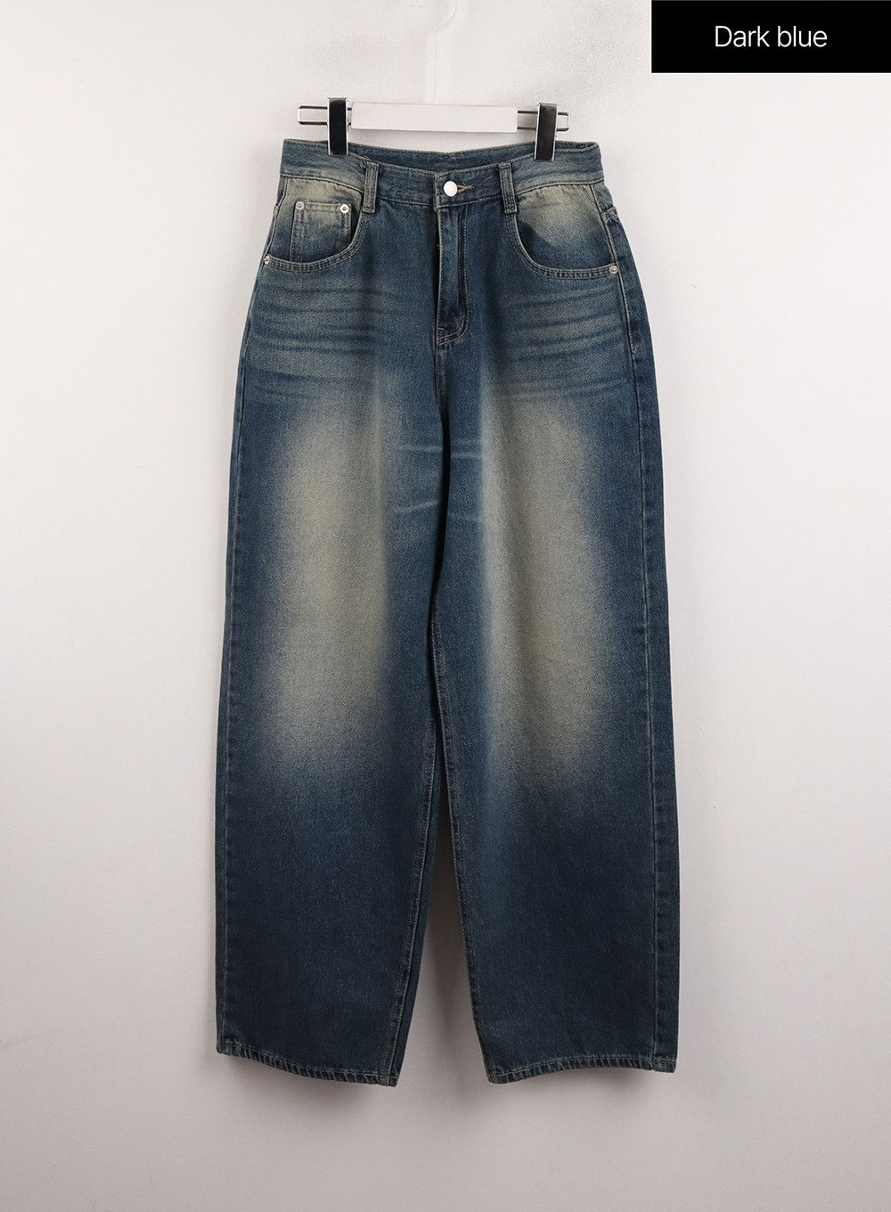 Wide Leg Denim Trousers CJ415 in dark blue, flat front hanger shot, washed cotton denim with heavy fading at thighs, five-pocket construction and wide straight leg.