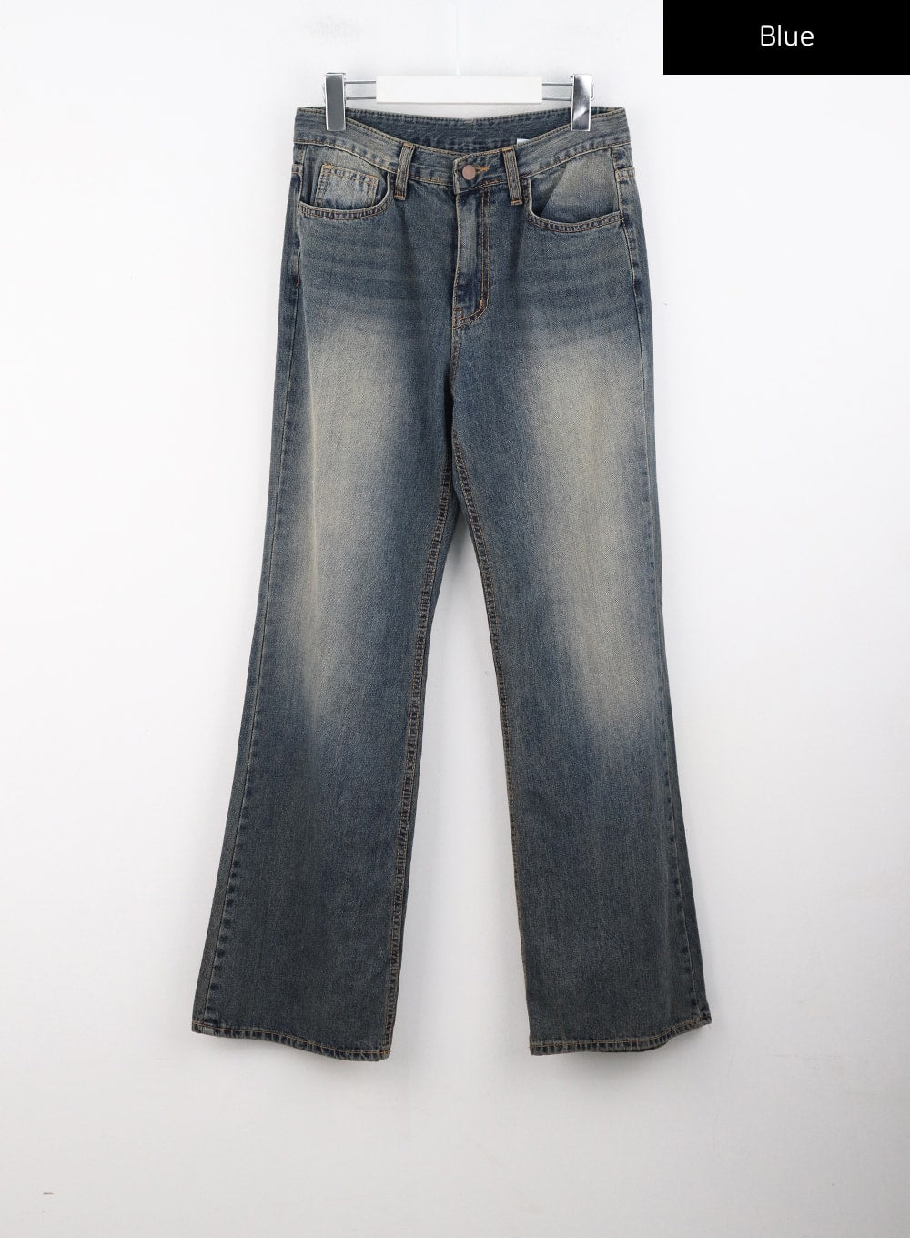 Vintage Wash Bootcut Jeans CS305 in blue, flat hanger product shot, full front view showing vintage wash fading, five-pocket detail, and bootcut silhouette.