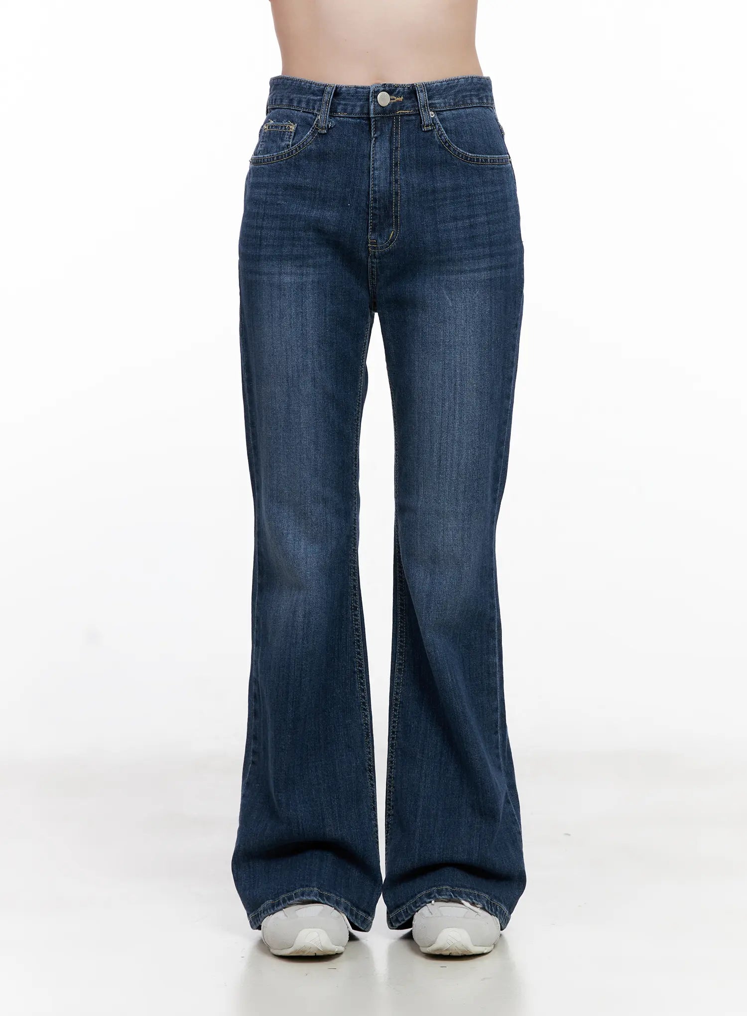 Solhee Classic Flare Denim Jeans CL524 in dark blue, front full-length product shot on model, washed flare denim, high-rise waist, long inseam with flared bootcut hem.