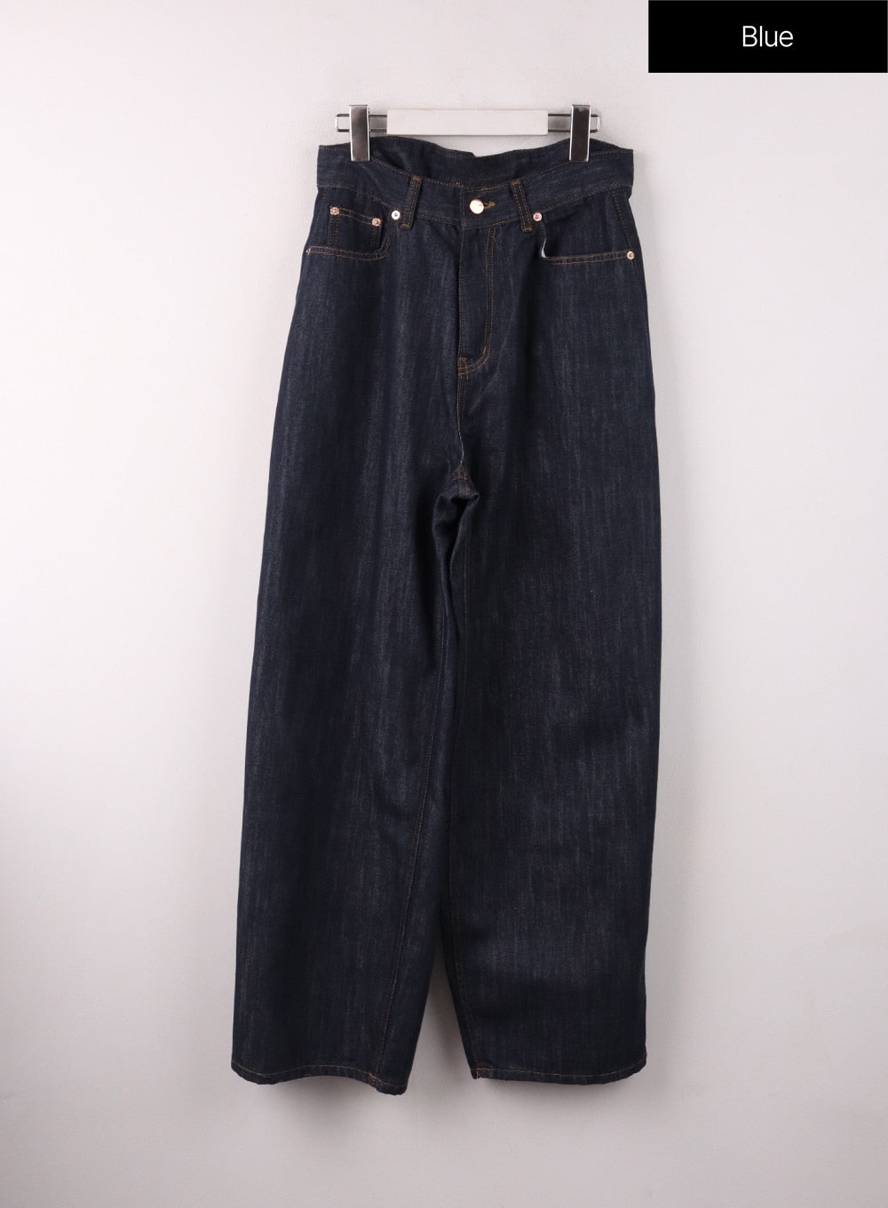 Back Button Wide Leg Jeans CF407 in blue, flat hanger front product shot, dark indigo wide-leg denim with copper rivets, contrast topstitching, and straight waistband.