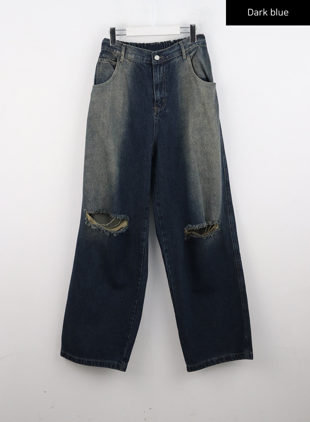 Destroyed Washed Wide Leg Jeans CN324 in dark blue, flat front product shot on hanger, full-length view showing washed two-tone denim fade, button fly, and large frayed destroyed knee cutouts on both legs.