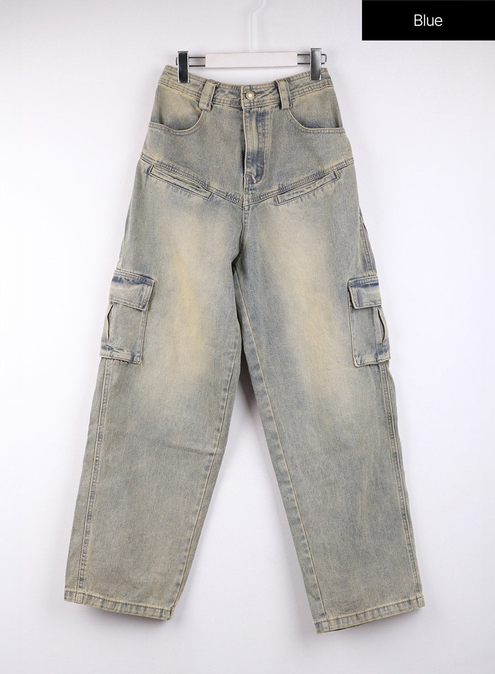 Cargo Denim Straight Leg Jeans CJ422 in blue, flat front product shot on hanger, showing V-yoke seam, dual flap cargo pockets, five-pocket layout, and acid-washed cotton denim in wide-leg silhouette.
