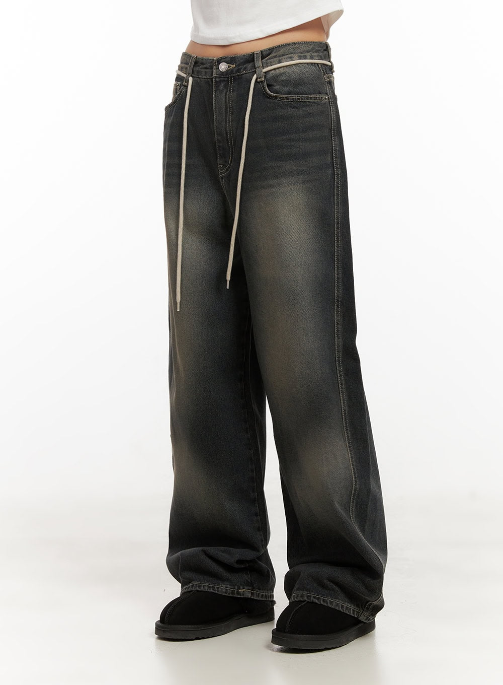 Matilda Washed Denim String Baggy Jeans CD410 in black, angled front-side close shot from waist to hem, highlighting cream drawstring detail, vintage washed fade gradient, and wide cotton denim leg.