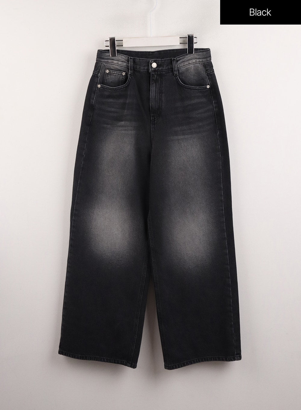 Denim Mid-Waist Pocket Wide Leg Jeans CJ415 in Black, flat hanger front shot, washed black cotton denim with mid-waist, silver rivet hardware, and five-pocket wide-leg cut.