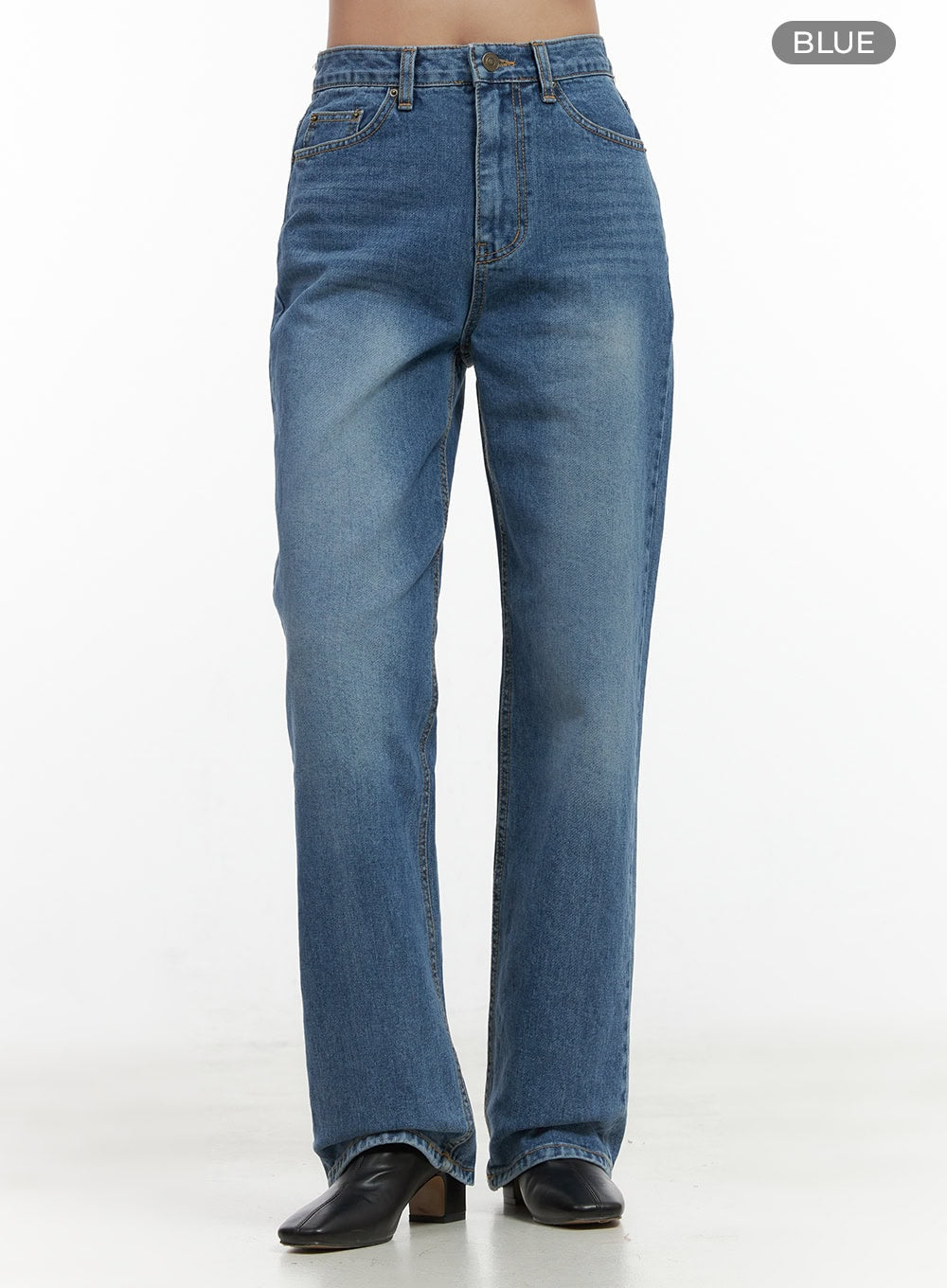 Evelyn Wide-Fit Straight Denim Jeans OO421 in Blue, front product shot on model, high-waist 5-pocket washed denim, wide straight leg with subtle fading, color swatch labeled Blue.