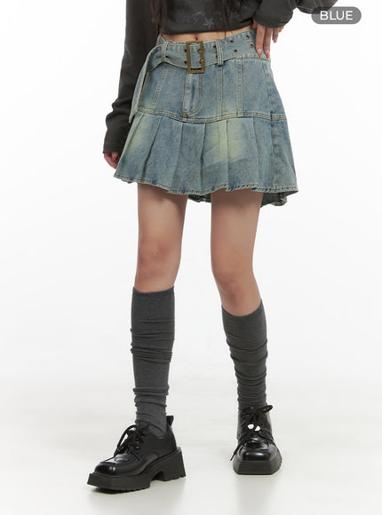 buckle-pleated-denim-mini-skirt-cs403