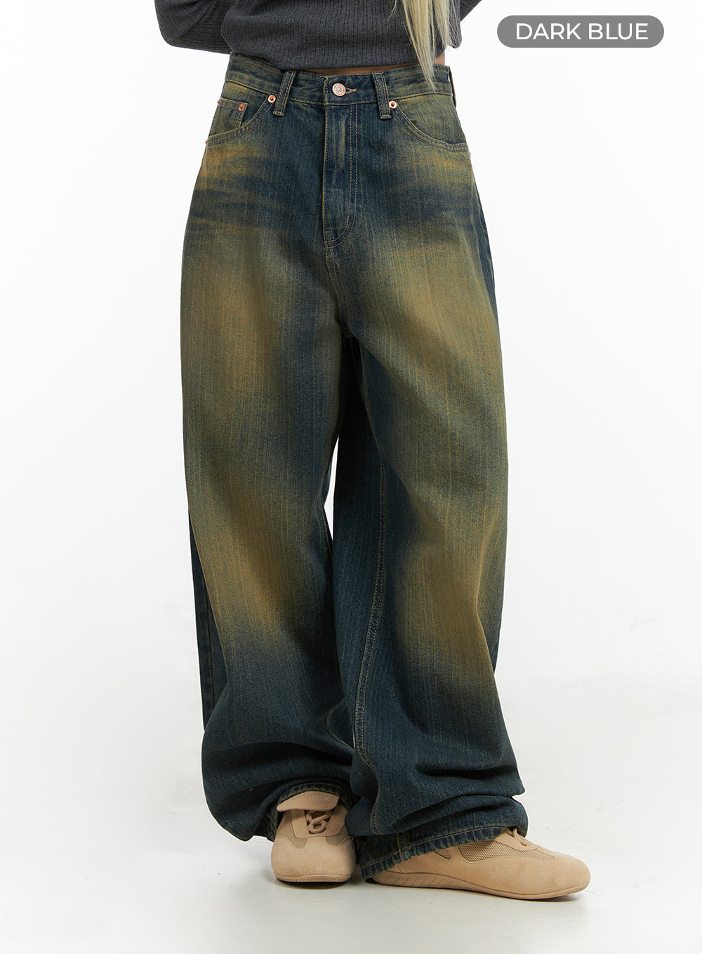 Georgia Vintage Wash Baggy Denim Jeans CO414 in dark blue, angled front shot on model showing waistband and front pockets, yellow-to-dark blue wash gradient on wide-fit cotton denim.