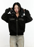 Faux Fur Zip-Up Hoodie CN506 - Acubi style | LEWKIN