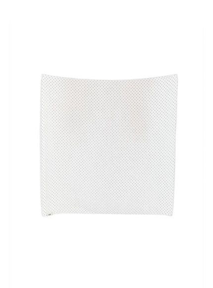 Polka Dot Head Scarf CU519 in White, flat product-only shot laid square, full scarf unfolded showing white base with evenly spaced black polka dot print and small brand label at corner.