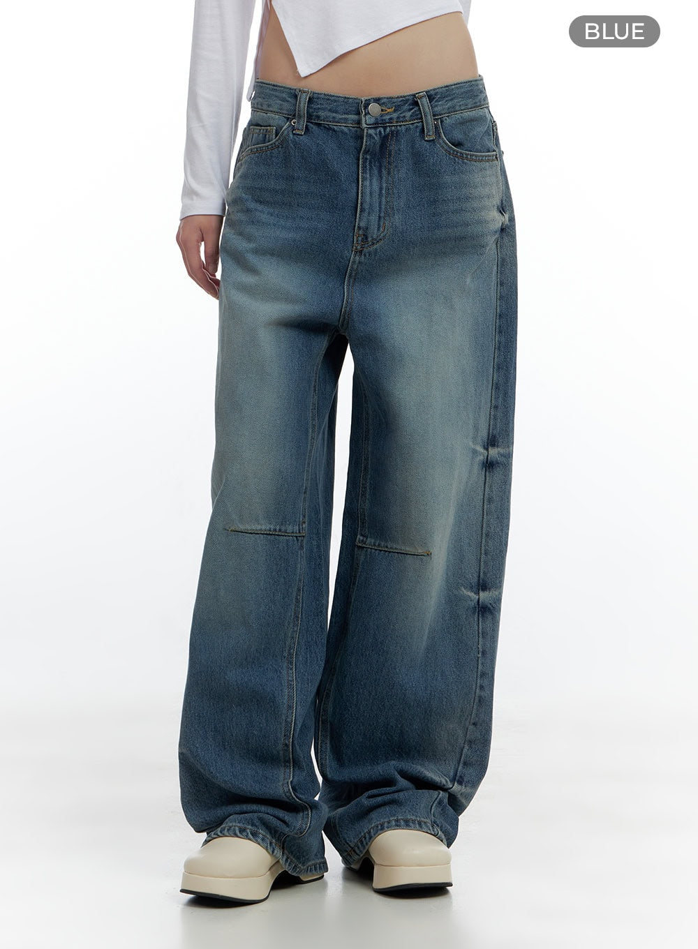 Aria Comfy Cotton Wide Leg Jeans CS420 in blue, front-center product shot on model, washed cotton-denim wide fit with pintuck panel seam on thigh, low-rise waistband and button fly.